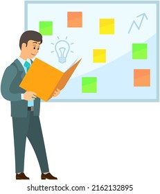 Business idea, plan strategy and solution. Business man having solution, ideas lamp bulb. Concept of new idea, thinking, innovation, creative idea for project, business plan development, start up