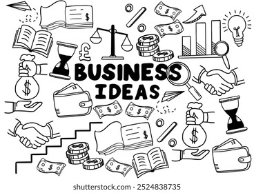 Ideia de negócio e planos de negócios vetor doodles. Conjunto de elementos business doodle feitos em vetor. Ideia, empresário, pensamento criativo, progresso, gráficos e todos os outros tipos de elementos relacionados com negócios.