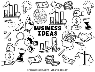 Idea de negocio y garabatos de Vector de Plan de negocios. Conjunto de Elementos doodle de negocios hechos en Vector. Idea, hombre de negocios, pensamiento creativo, progreso, gráficos y todo otro tipo de Elementos relacionados con los negocios.