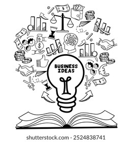 Business idea and business plan vector doodles. Set of business doodle elements made in vector. Idea, businessman, creative thinking, progress, graphs and all other kinds of business related elements.