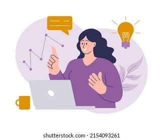 Idea comercial, estrategia de planificación y concepto de solución. Una mujer de negocios, trabajando en una laptop, comunicándose con sus colegas. Pensamiento e imaginación, lluvia de ideas, motivación e inspiración