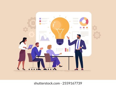 Business Idea Presentation Concept. Vector cartoon illustration of office worker presenting his idea with a board with light bulb and graphs in front of his colleagues. Isolated on background 