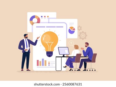 Business Idea Presentation Concept. Vector cartoon illustration of an office worker presenting his idea with a board with a light bulb and graphs in front of his colleagues. Isolated on background