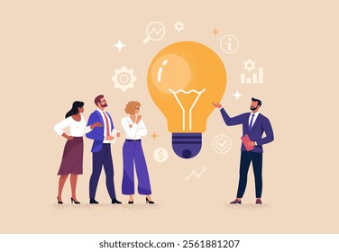 Business Idea Presentation Concept. Vector cartoon illustration of an office worker presenting his idea with a light bulb in front of his colleagues. Isolated on background