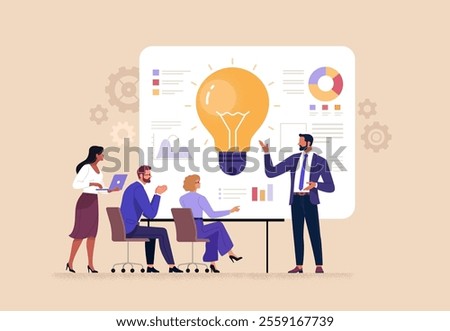 Business Idea Presentation Concept. Vector cartoon illustration of office worker presenting his idea with a board with light bulb and graphs in front of his colleagues. Isolated on background 