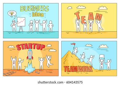 Business idea presentation, good team organization, successful startup and excellent result of teamwork reception vector illustration. Four steps to create prosperous enterprise and strong work crew.