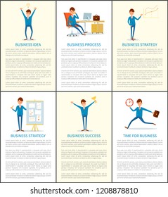 Business  idea and process, boss working in office vector. Presentation on whiteboard, charts infographics with data. Success of leader trophy in hands