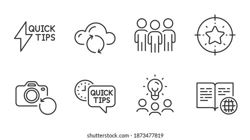 Business idea, Quick tips and Quickstart guide line icons set. Internet book, Star target and Cloud sync signs. Group, Recovery photo symbols. Quality line icons. Business idea badge. Vector