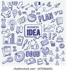 Business idea related objects and elements collection. Hand drawn vector doodle illustration in blue ballpoint sketch style.