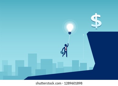 Business Idea And Reward Concept. Vector Of A Businessman Flying On A Balloon Light Bulb To Reach His Financial Goals 