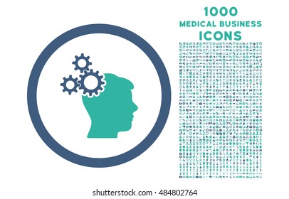 Business Idea rounded vector bicolor icon with 1000 medical business icons. Set style is flat pictograms, cobalt and cyan colors, white background.