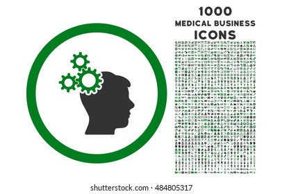 Business Idea rounded vector bicolor icon with 1000 medical business icons. Set style is flat pictograms, green and gray colors, white background.