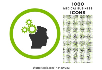Business Idea rounded vector bicolor icon with 1000 medical business icons. Set style is flat pictograms, eco green and gray colors, white background.