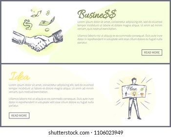 Business and idea set of web pages text sample businesswork concept, businessmen tasks, collection vector illustration isolated on white background