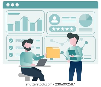 Business idea. Share documents and work together to develop, manage, and improve the accomplishment of projects. Flat vector illustration.
