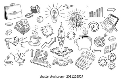 Business idea sketch collection. Black doodles in sketchy vintage style on white background. Vector illustration.
