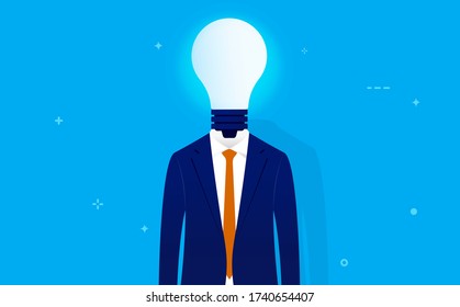 Business idea - Smart business man with glowing light bulb instead of head. Business ideas, creative person and bright mind concept. Vector illustration.