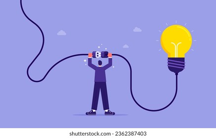 Business idea, solution. Investment in new project development, startup, search for ideas and brainstorming, businessman holding electrical plug with cord, connecting light bulb to power outlet