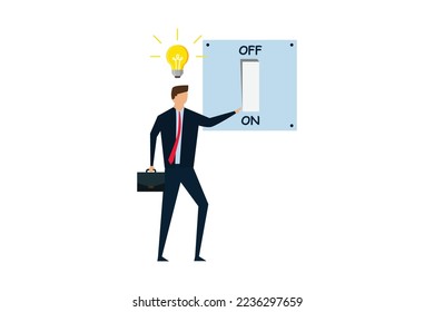 Business idea and solution to solve company problem, smart businessman turn on lightbulb switch to lit up idea