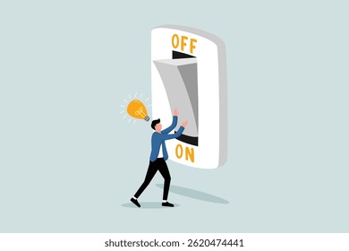 Ideia de negócio e solução para resolver o problema da empresa ou inovação e estratégia para ganhar o conceito de sucesso empresarial, empresário inteligente ligar interruptor de lâmpada para iluminar a ideia.