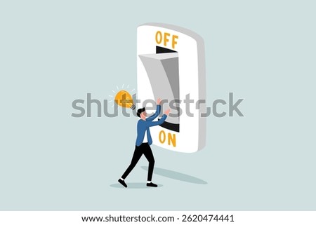 Business idea and solution to solve company problem or innovation and strategy to win business success concept, smart businessman turn on lightbulb switch to lit up idea.