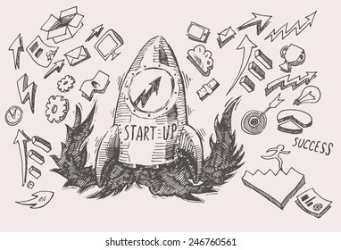 Business Idea, start up concept doodles icons set  with rocket, vector illustration