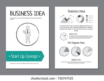 Business idea and start up concept, set of pictures with man icon and detailed information with pie diagram data and sample text vector illustration