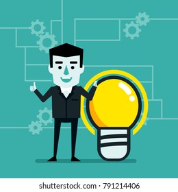 Business idea, startup, creativity concept. Cheerful businessman stands with big idea light bulb. Flat style vector illustration