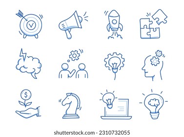 Idea de negocio, conjunto de iconos de línea de doodle de inicio. Esbozo de línea de dibujo manual estilo estrategia de negocio, concepto de objetivo financiero. Cohetes, objetivo, elemento cerebral lindo. Ilustración del vector