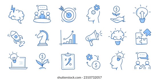 Idea de negocio, conjunto de iconos de línea de doodle de inicio. Esbozo de línea de dibujo manual estilo estrategia de negocio, concepto de objetivo financiero. Cohetes, objetivo, elemento cerebral lindo. Ilustración del vector