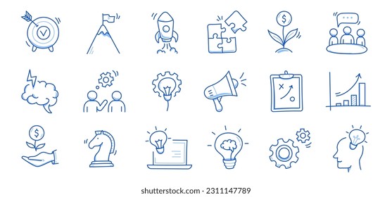 Business idea, startup doodle line icon set. Hand drawn doodle sketch line style business strategy, finance goal concept. Rocket, target, brain cute element. Vector illustration