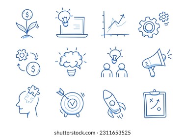 Business idea, startup doodle line icon set. Hand drawn doodle sketch line style business strategy, finance goal concept. Rocket, target, brain cute element. Vector illustration