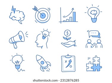 Idea de negocio, conjunto de iconos de línea de doodle de inicio. Esbozo de línea de dibujo manual estilo estrategia de negocio, concepto de objetivo financiero. Cohetes, objetivo, elemento cerebral lindo. Ilustración del vector