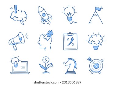 Business idea, startup doodle line icon set. Hand drawn doodle sketch line style business strategy, finance goal concept. Rocket, target, brain cute element. Vector illustration