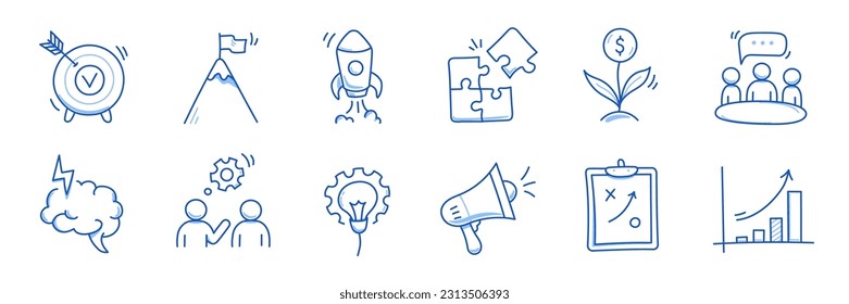 Idea de negocio, conjunto de iconos de línea de doodle de inicio. Esbozo de línea de dibujo manual estilo estrategia de negocio, concepto de objetivo financiero. Cohetes, objetivo, elemento cerebral lindo. Ilustración del vector