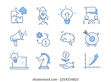 Idea de negocio, conjunto de iconos de línea de doodle de inicio. Esbozo de línea de dibujo manual estilo estrategia de negocio, concepto de objetivo financiero. Cohetes, objetivo, elemento cerebral lindo. Ilustración del vector