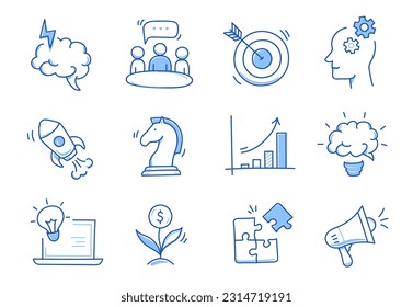 Idea de negocio, conjunto de iconos de línea de doodle de inicio. Esbozo de línea de dibujo manual estilo estrategia de negocio, concepto de objetivo financiero. Cohetes, objetivo, elemento cerebral lindo. Ilustración del vector