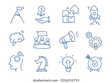 Business idea, startup doodle line icon set. Hand drawn doodle sketch line style business strategy, finance goal concept. Rocket, target, brain cute element. Vector illustration