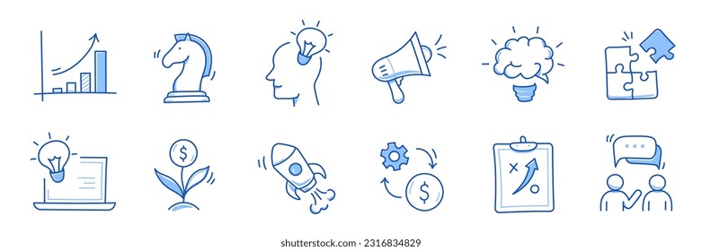 Idea de negocio, conjunto de iconos de línea de doodle de inicio. Esbozo de línea de dibujo manual estilo estrategia de negocio, concepto de objetivo financiero. Cohetes, objetivo, elemento cerebral lindo. Ilustración del vector