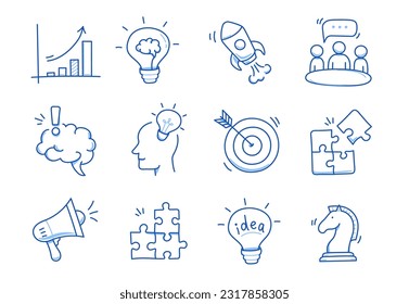 Business idea, startup doodle line icon set. Hand drawn doodle sketch line style business strategy, finance goal concept. Rocket, target, brain cute element. Vector illustration