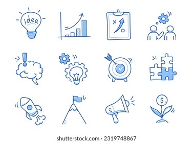 Idea de negocio, conjunto de iconos de línea de doodle de inicio. Esbozo de línea de dibujo manual estilo estrategia de negocio, concepto de objetivo financiero. Cohetes, objetivo, elemento cerebral lindo. Ilustración del vector