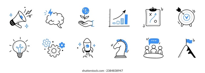Business idea, startup doodle line icon set. Hand drawn doodle sketch line style business strategy, finance goal, startup idea concept. Rocket, target, brain cute element. Vector illustration
