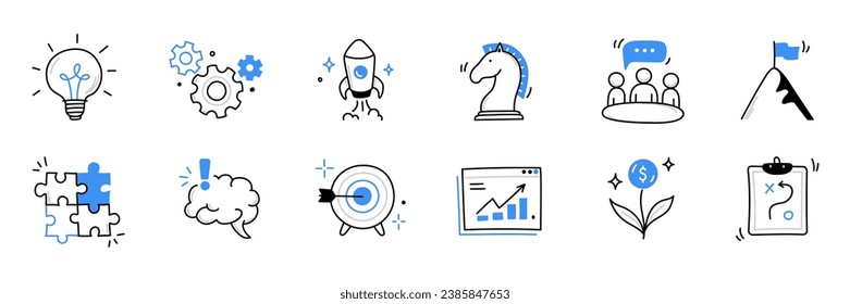 Idea de negocio, conjunto de iconos de línea de doodle de inicio. Dibujo manual de boceto estilo de línea estrategia de negocio, meta financiera, concepto de idea de inicio. Cohetes, objetivo, elemento cerebral lindo. Ilustración del vector