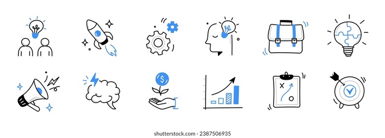 Idea de negocio, conjunto de iconos de línea de doodle de inicio. Dibujo manual de boceto estilo de línea estrategia de negocio, meta financiera, concepto de idea de inicio. Cohetes, objetivo, elemento cerebral lindo. Ilustración del vector