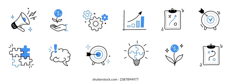 Business idea, startup doodle line icon set. Hand drawn doodle sketch line style business strategy, finance goal growth, startup idea concept. Rocket, target, brain cute element. Vector illustration