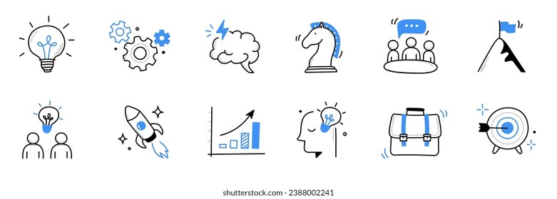 Idea de negocio, conjunto de iconos de línea de doodle de inicio. Dibujo manual de la línea de esbozo estilo estrategia de negocio, crecimiento de objetivos financieros, concepto de idea de inicio. Cohetes, objetivo, elemento cerebral lindo. Ilustración del vector