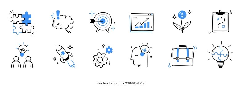 Business idea, startup doodle line icon set. Hand drawn doodle sketch line style business strategy, finance goal growth, startup idea concept. Rocket, target, brain cute element. Vector illustration