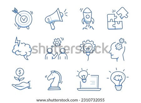 Business idea, startup doodle line icon set. Hand drawn doodle sketch line style business strategy, finance goal concept. Rocket, target, brain cute element. Vector illustration