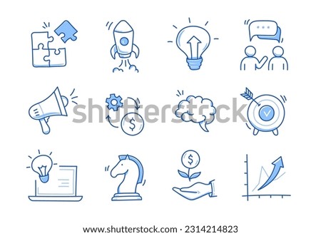 Business idea, startup doodle line icon set. Hand drawn doodle sketch line style business strategy, finance goal concept. Rocket, target, brain cute element. Vector illustration