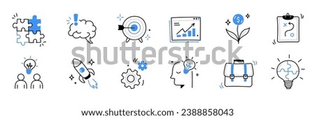 Business idea, startup doodle line icon set. Hand drawn doodle sketch line style business strategy, finance goal growth, startup idea concept. Rocket, target, brain cute element. Vector illustration
